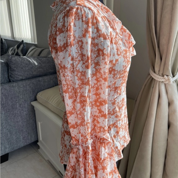 Pink Lily Floral Ruffle sheer Blouse - Orange and White Y2K made USA - Picture 2 of 7